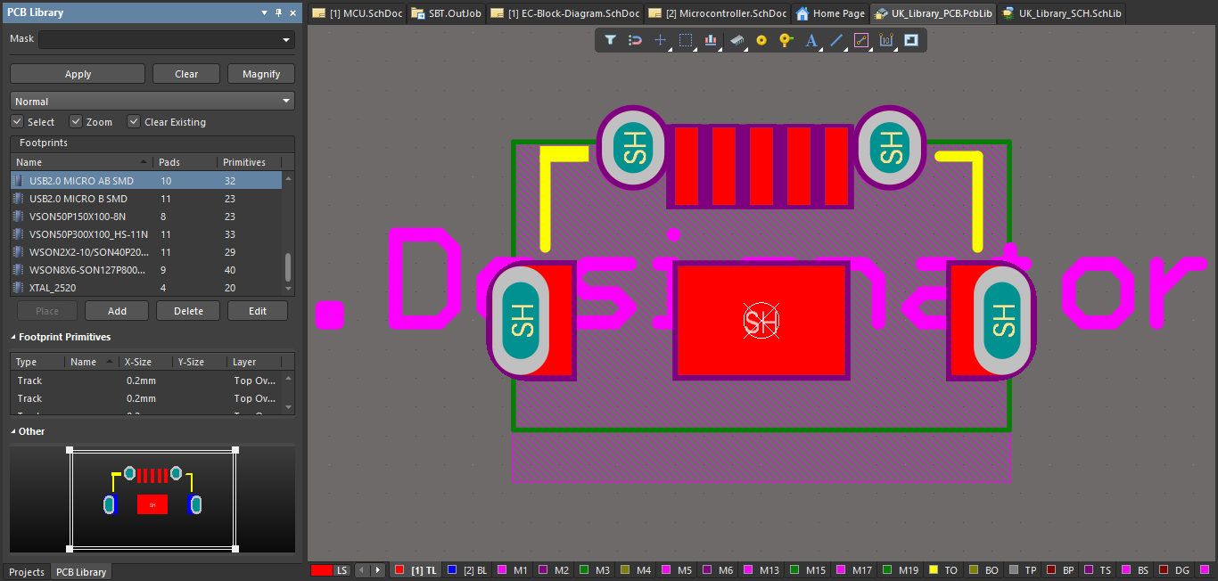 USB connector footprint in my Altium PCB library, showing pads, silkscreen and courtyard