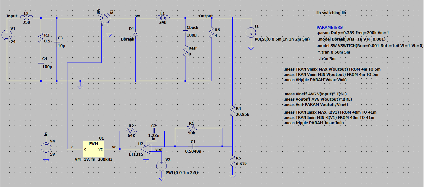 LTspice schematic of a voltage mode buck converter and its feedback compensation circuit