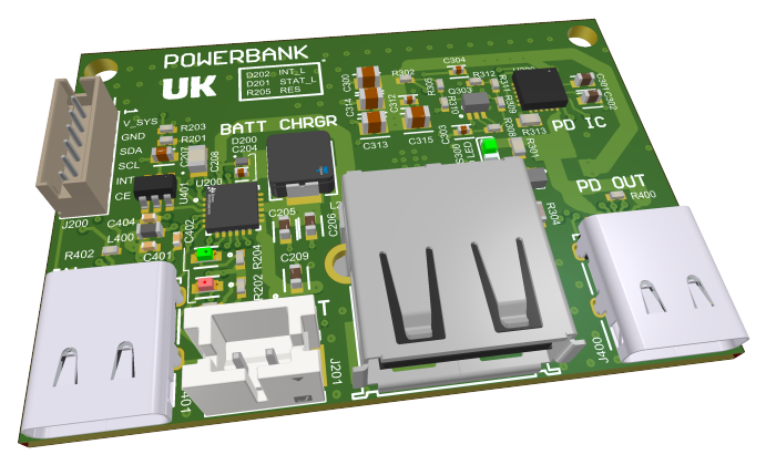 Original Powerbank PCB render with battery charging, USB connectors and power delivery circuitry