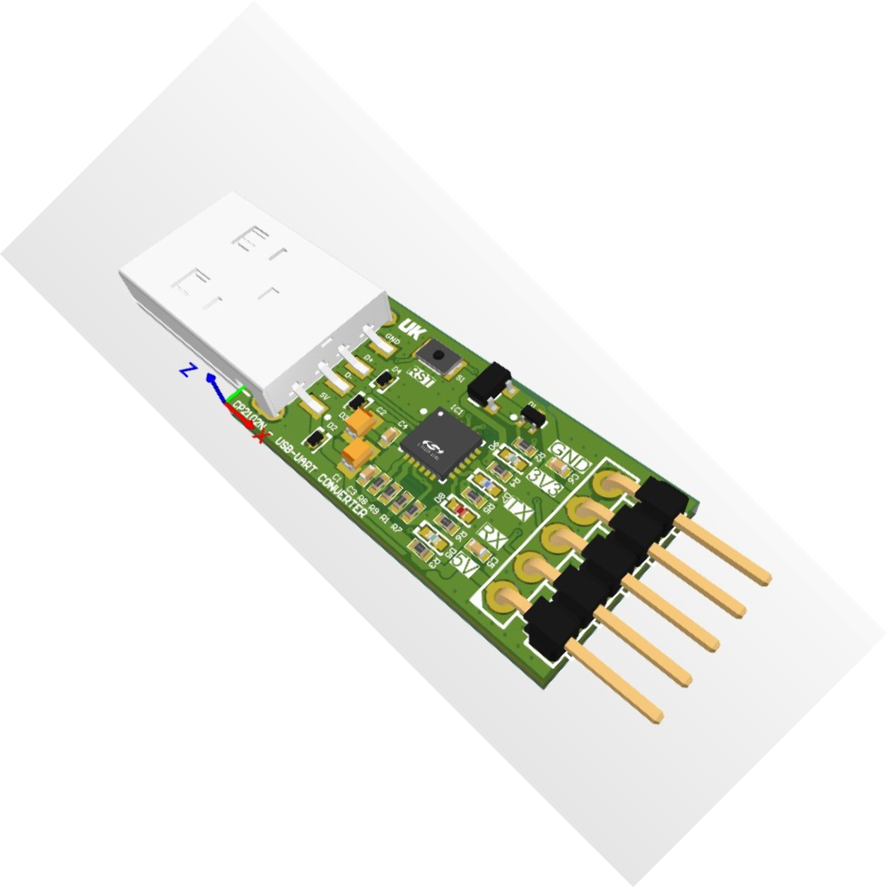 3D rendering of my CP2102N USB to UART converter board